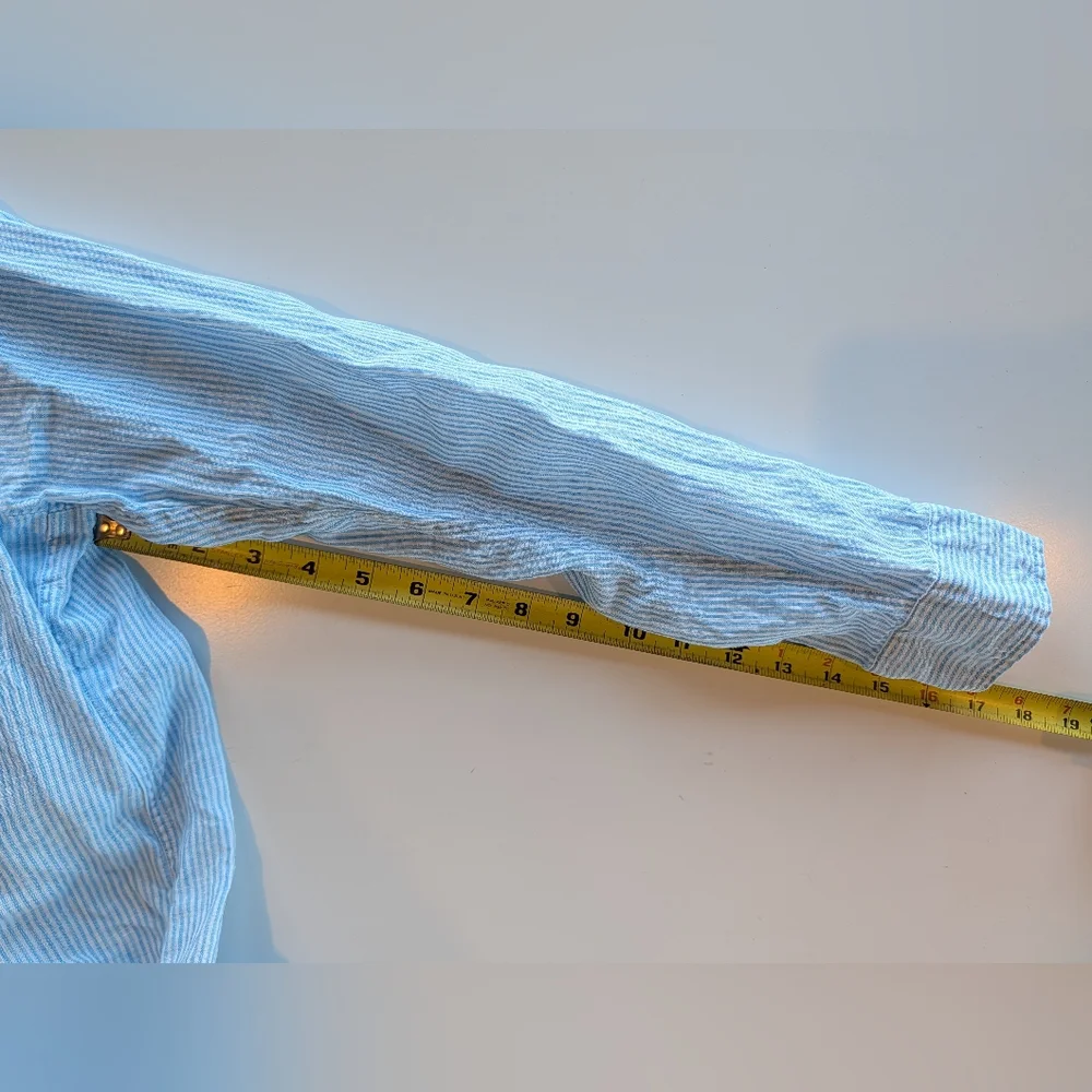 Frank & Eileen Mary Button Up Shirt Dress Italian Linen Small Blue Pinstripe EUC - Picture 4 of 6